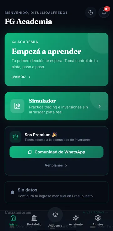 Pantalla de inicio de la app, con la academia y el simulador