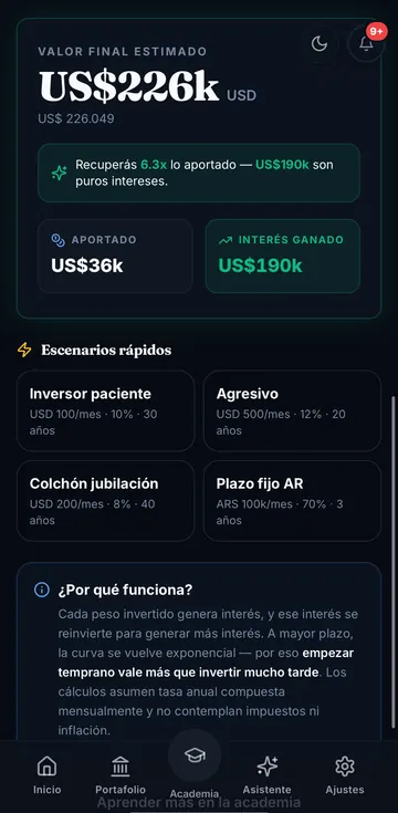 Resultado de una simulación: valor final estimado y escenarios rápidos