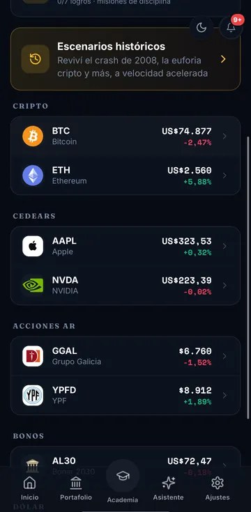 Cotizaciones en vivo de cripto, CEDEARs, acciones argentinas y bonos